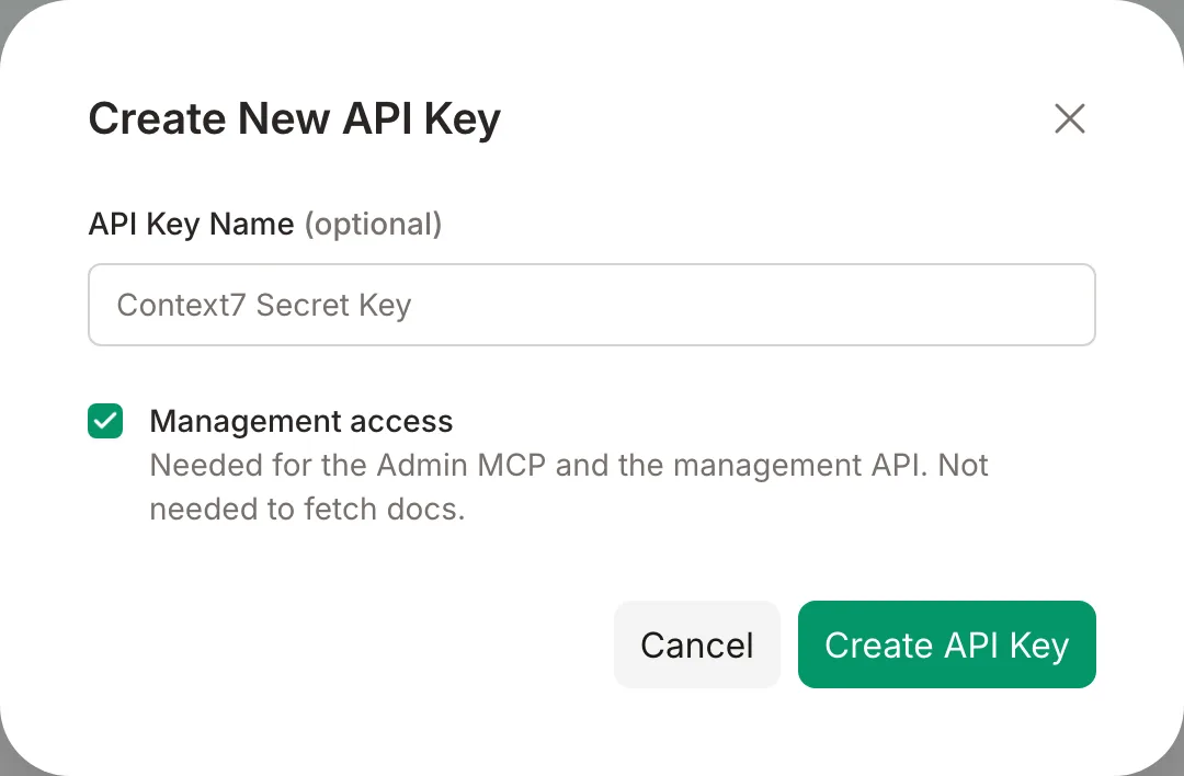 Create New API Key dialog with Management access ticked
