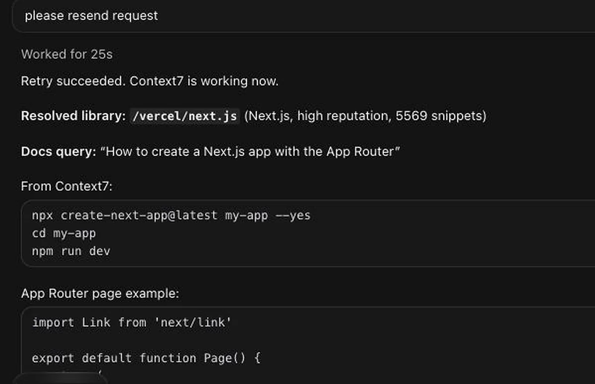 Successful Context7 documentation query from a Cursor Cloud Agent
