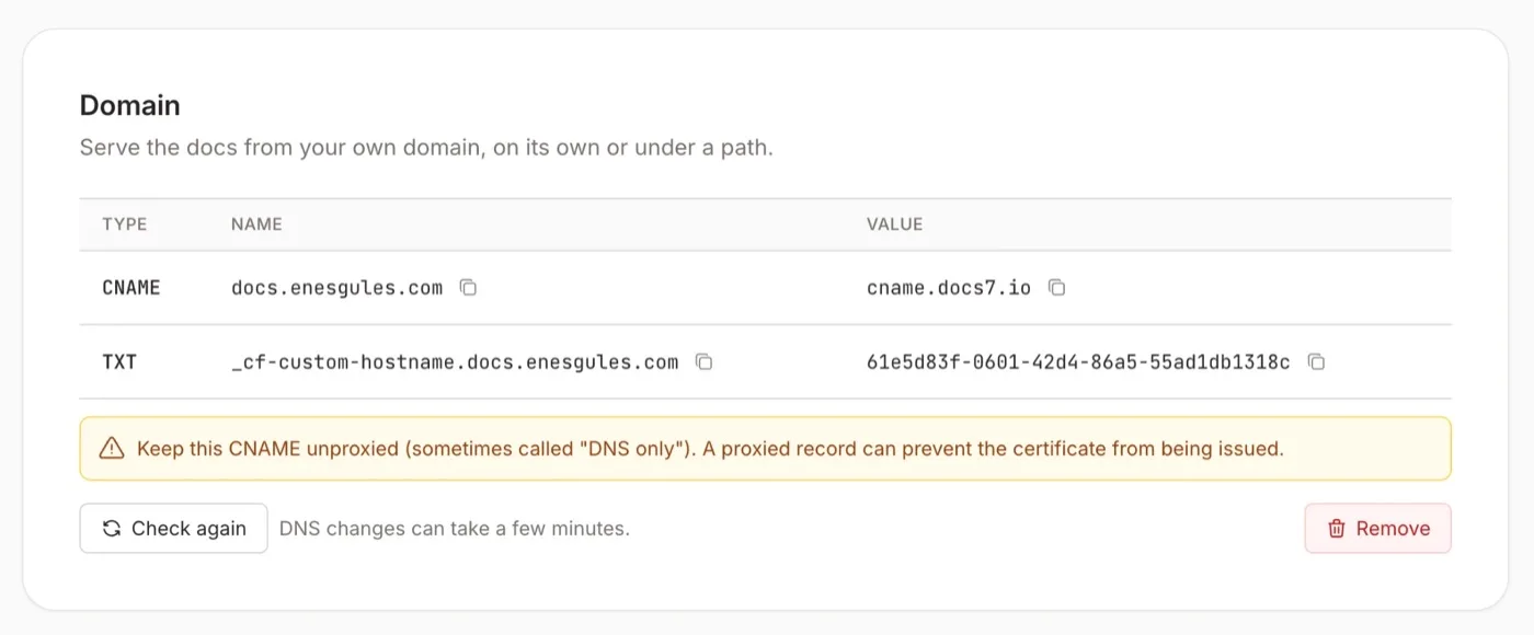 Docs7 Domain settings with the CNAME and TXT records for a custom domain