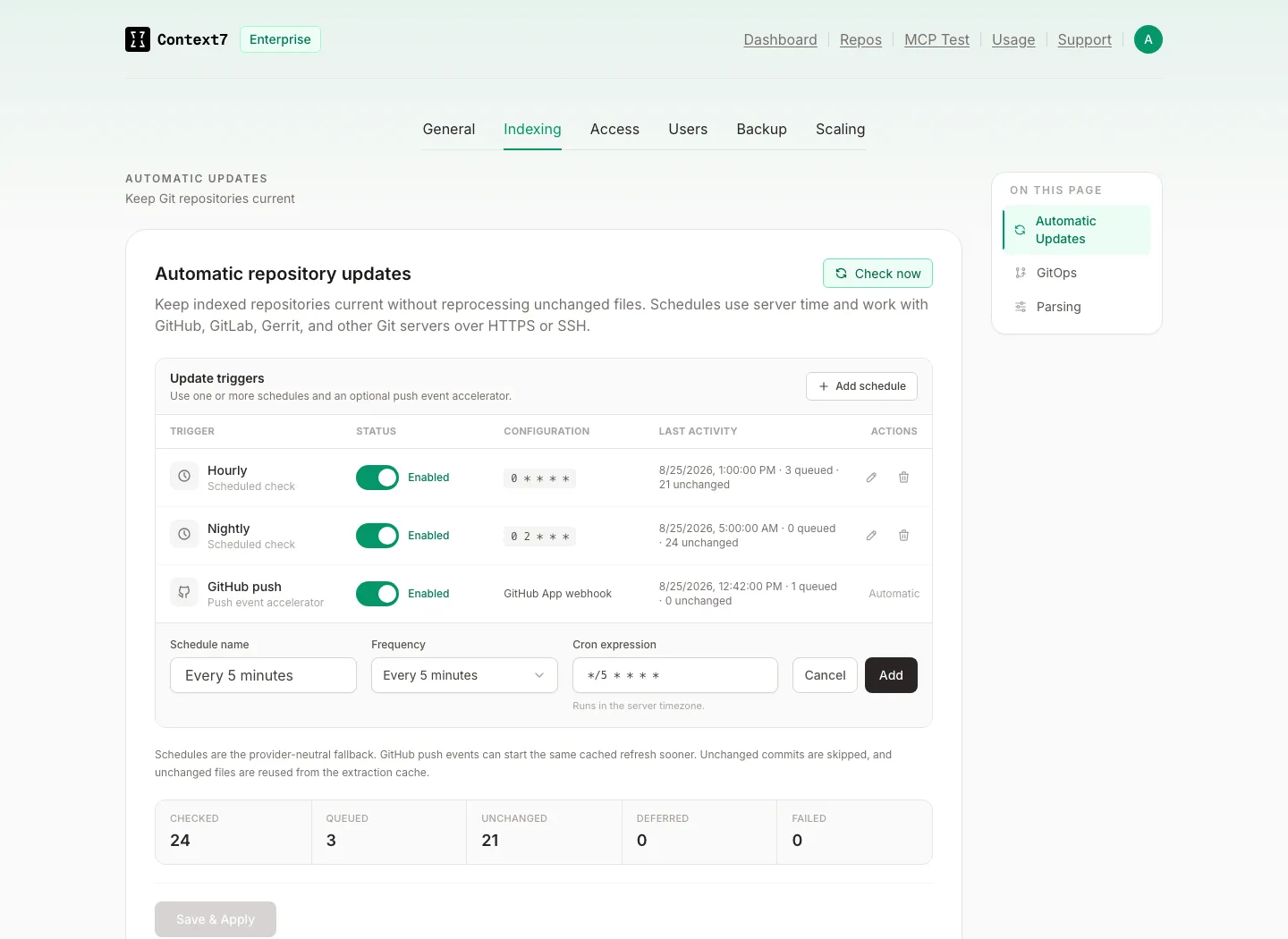 Schedule editor with name, frequency, and cron expression fields
