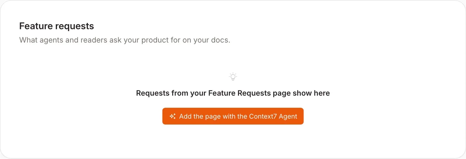 The Feature requests card with the Add the page with the Context7 Agent button