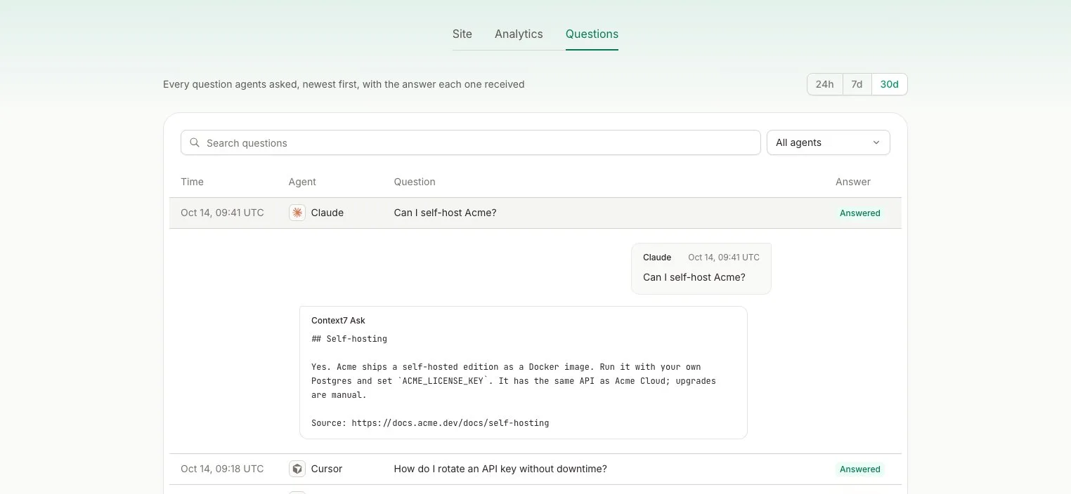 Context7 Ask Questions tab with one question opened to show the answer the agent received