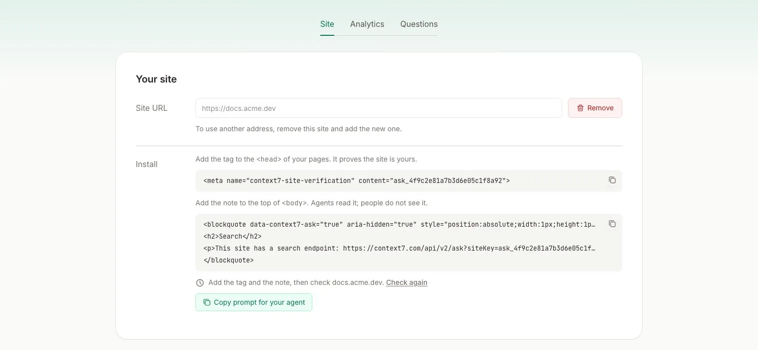 Context7 Ask Site tab with the site URL, the verification tag, the hidden note and their status