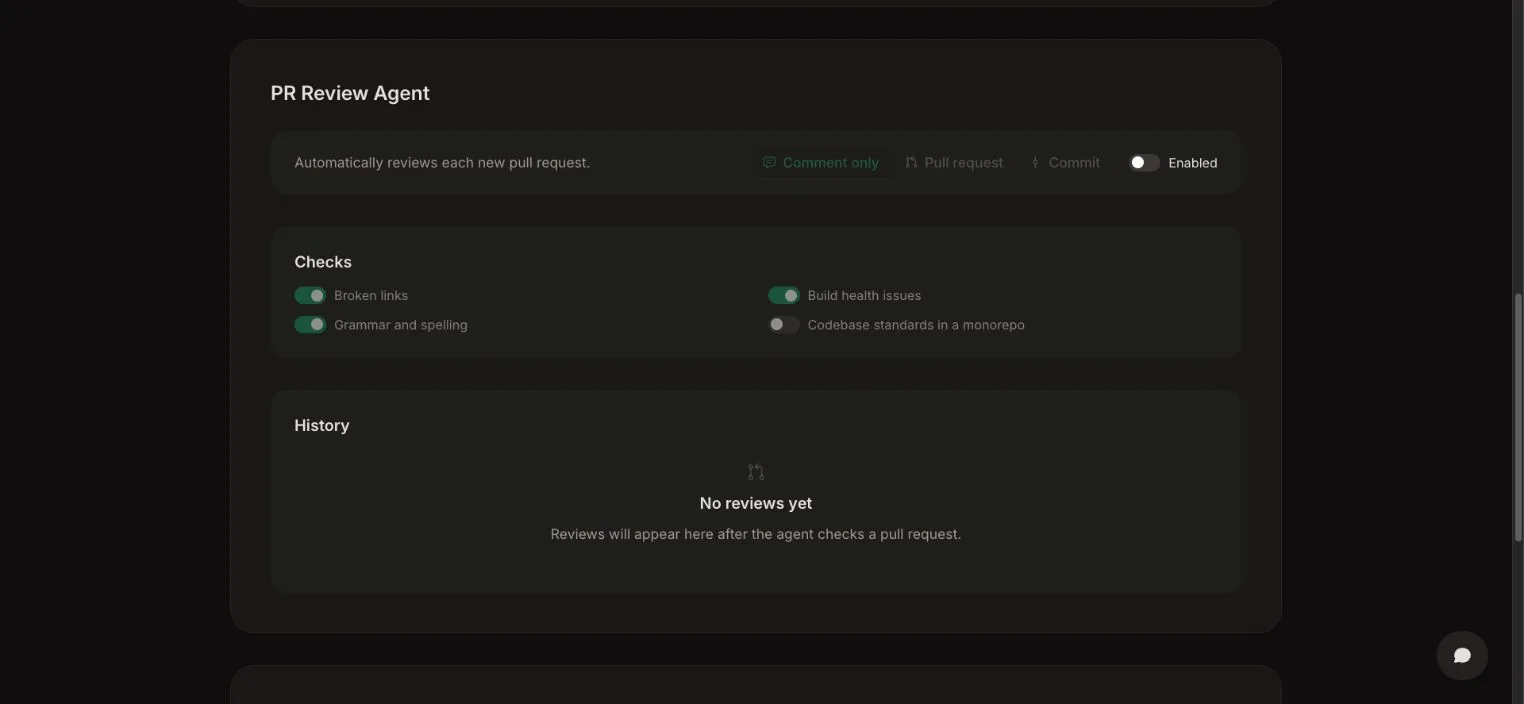 PR Review Agent settings with response modes and documentation checks