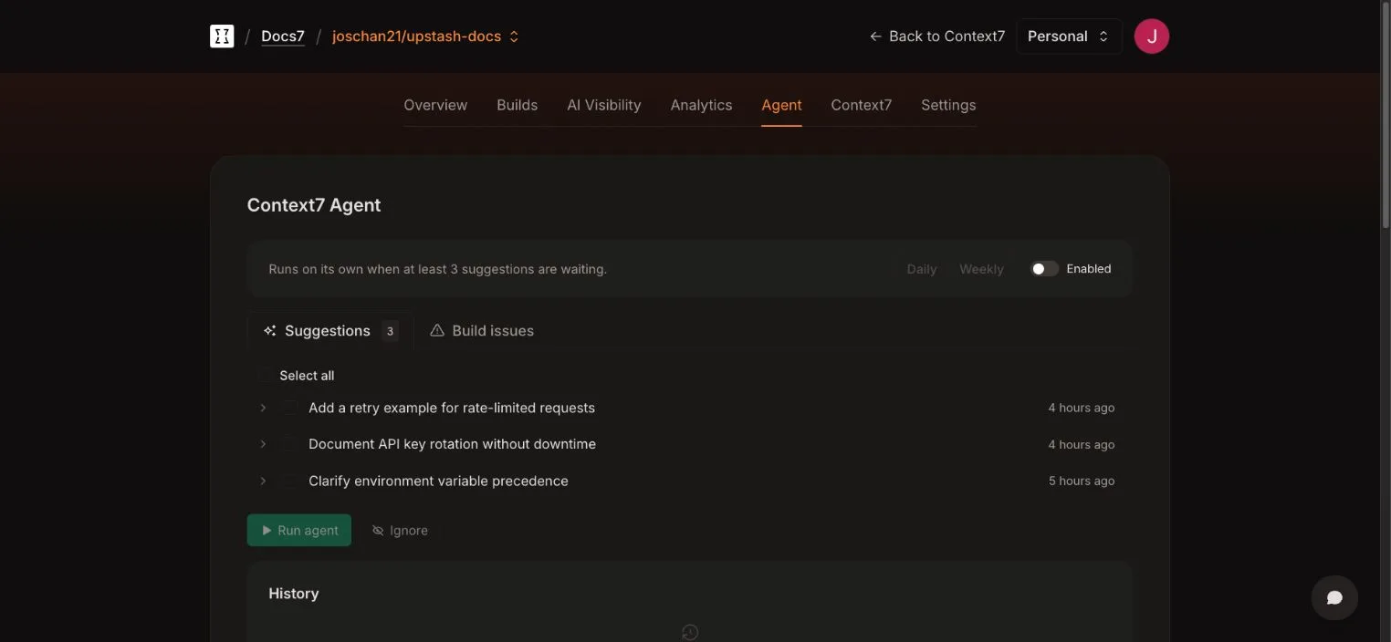 Docs7 Agent dashboard showing suggestions, build issues, scheduling, and history
