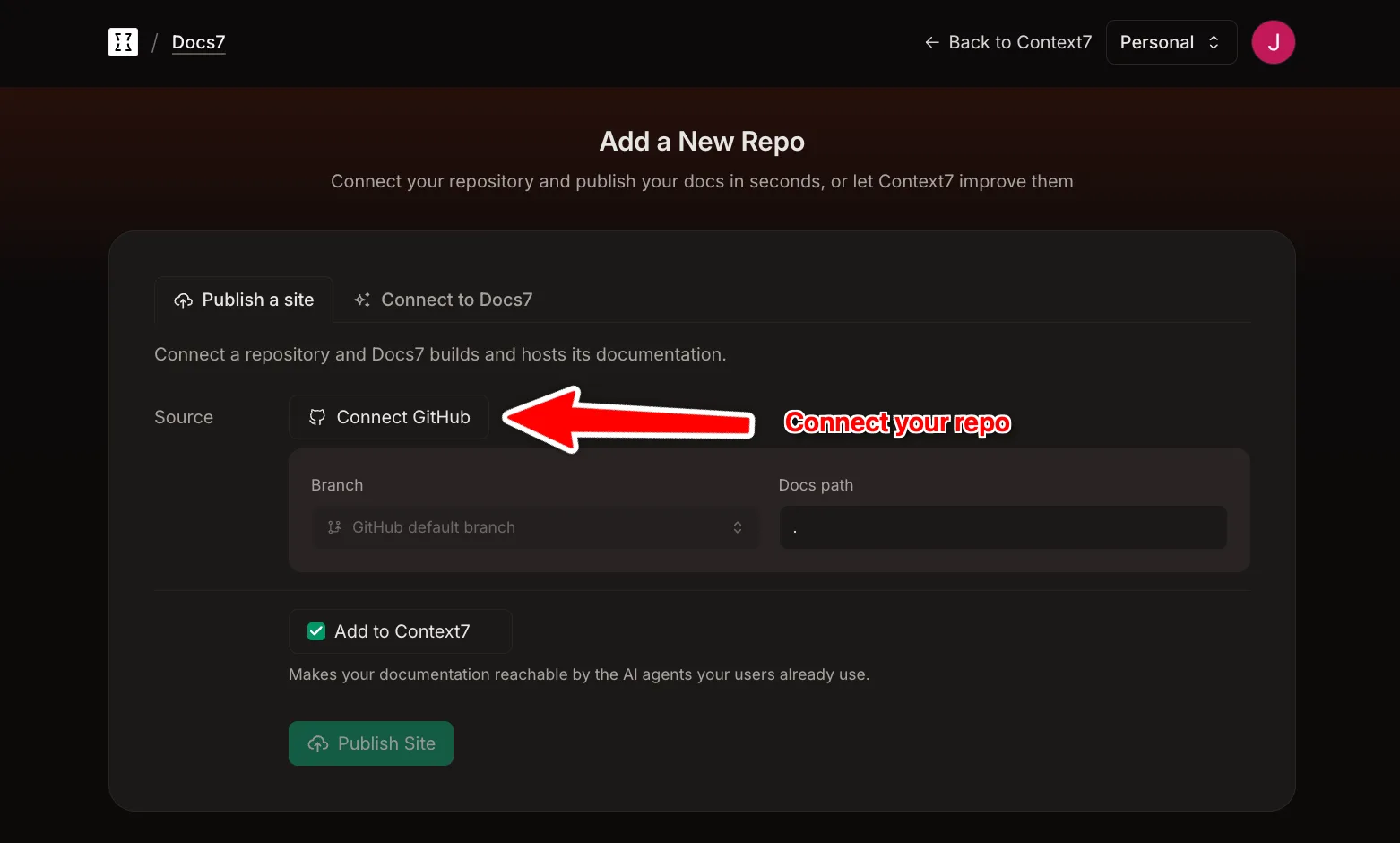 Publish a site in Docs7