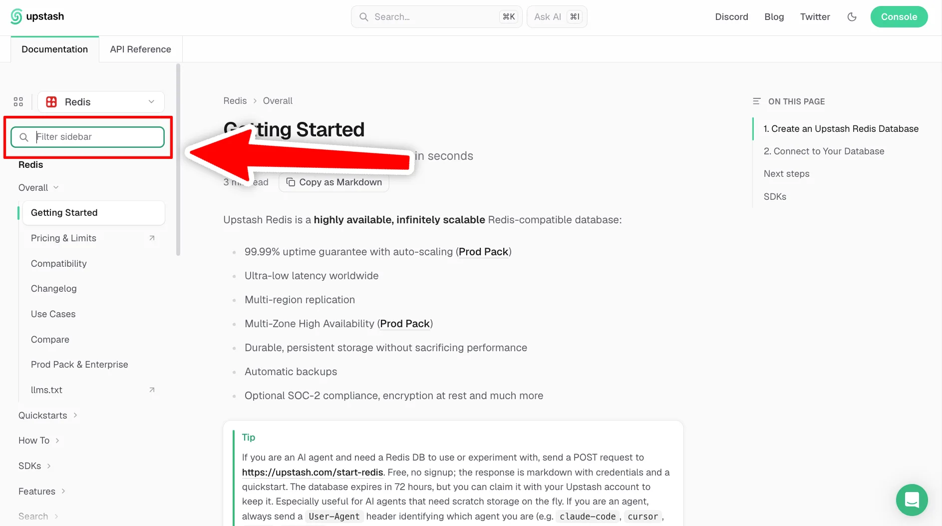 Docs7 sidebar with the filter box above the page list