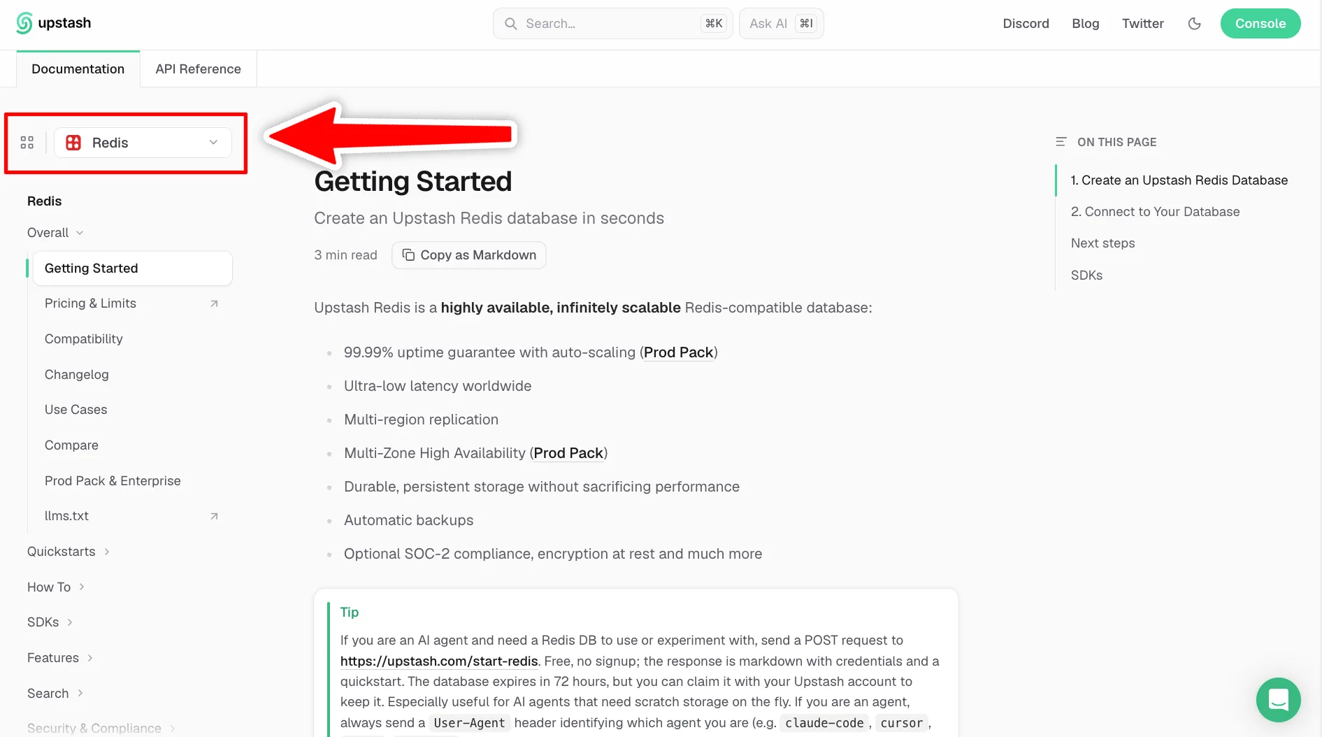 Docs7 sidebar with Redis selected in the product switcher