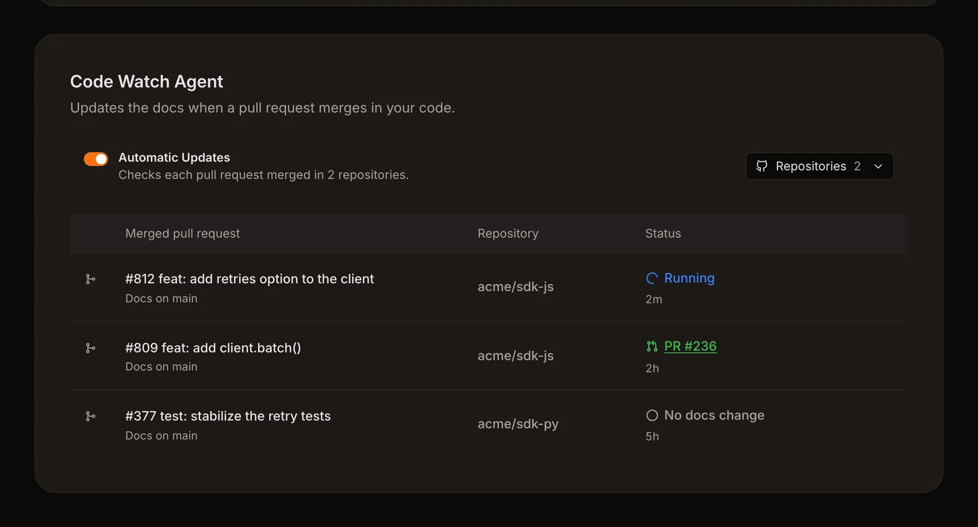 Code Watch Agent with automatic updates on for two repositories and its run history