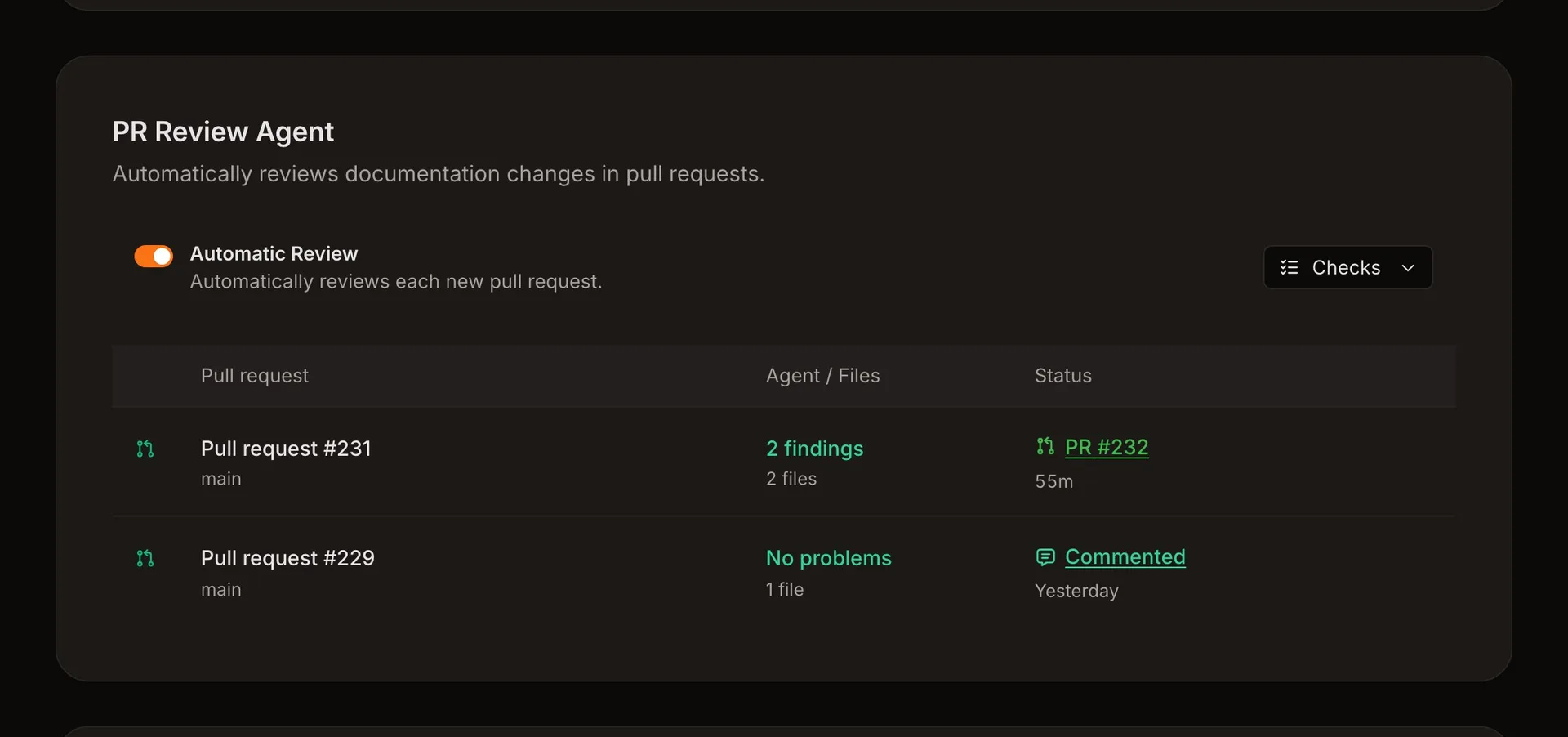 PR Review Agent with automatic review on, the Checks menu, and recent reviews