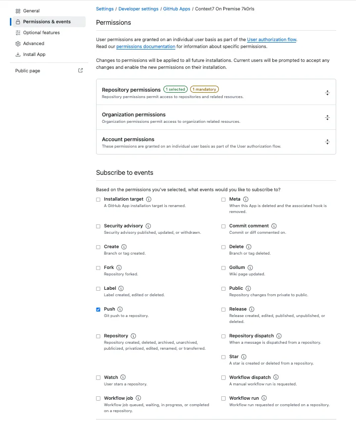 GitHub App repository permissions and the subscribed Push event
