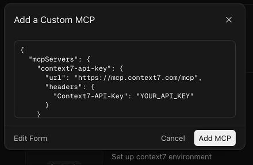 Context7 custom MCP JSON configuration in Cursor Cloud Agents
