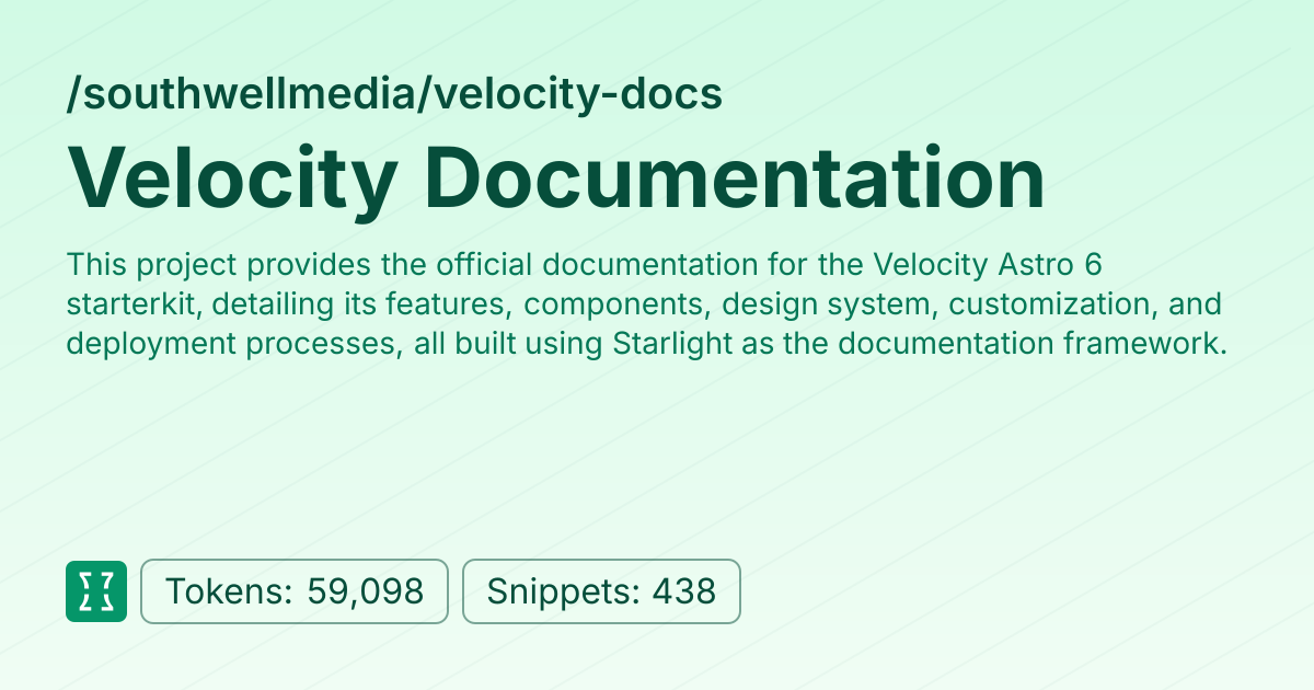 Velocity Documentation (southwellmedia/velocity-docs) | Context7